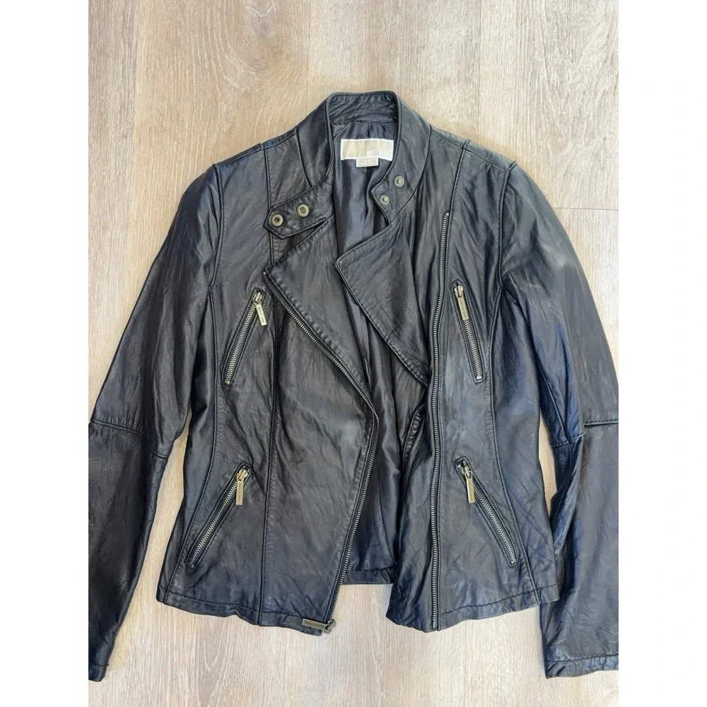 Michael Kors Lambskin Leather Moto Jacket Womens Black Biker Asymmetrical Medium